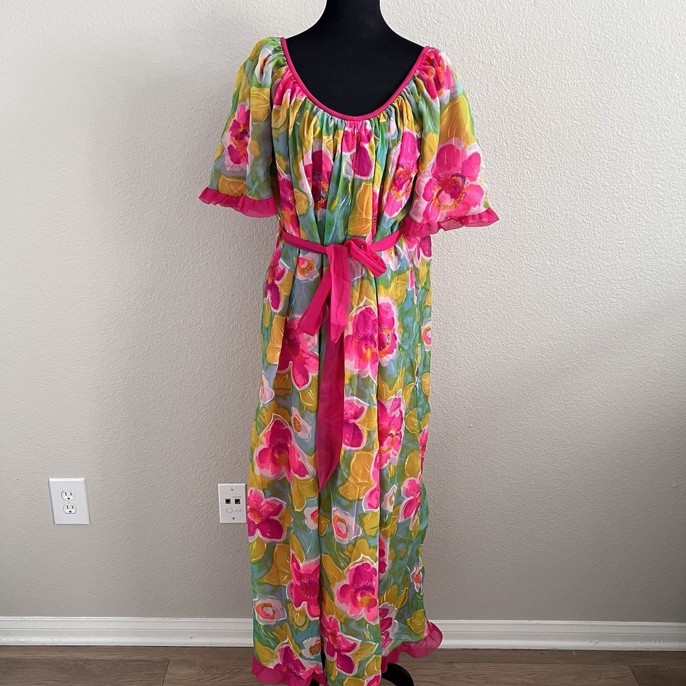 Vintage Jenelle of California Gown Belted Ruffles Floral Lined Colorful Nylon - Picture 5 of 14
